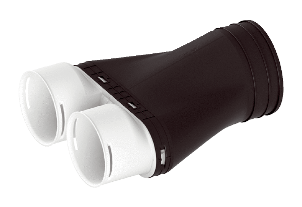 MA-AD2-90 IM0020159.PNG Adapter z tworzywa sztucznego do 2 przewodów giętkich DN 90, przewód doprowadzający DN 125; odporność na nacisk pozwala na zabetonowanie w filigranowym stropie międzypiętrowym