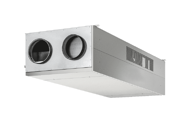 geniovent.x 900 F L-E-SO-K IM0020318.PNG Appareil de traitement d'air RLT décentralisé avec récupération de chaleur très élevée. Avec échangeur de chaleur enthalpique, raccords d'air extérieur et d'air rejeté à gauche, avec gaines, soufflage en haut sans panneaux revêtus (3x2), détecteur CO2 intégré dans l'appareil. Avec application pour la commande mobile des appareils