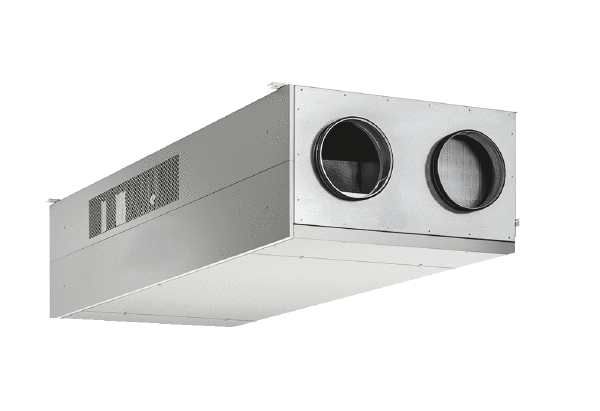geniovent.x 900 F R-G-SO IM0020321.PNG Appareil de traitement d'air RLT décentralisé avec récupération de chaleur très élevée. Avec échangeur de chaleur à contre-courant croisé et registre de préchauffage, raccords d'air extérieur et d'air rejeté à droite, soufflage en haut, détecteur CO2 intégré dans l'appareil. Avec application pour la commande mobile des appareils