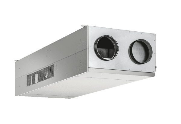 geniovent.x 900 F R-E-SU-K IM0020322.PNG Appareil de traitement d'air RLT décentralisé avec récupération de chaleur très élevée. Avec échangeur de chaleur enthalpique, raccords d'air extérieur et d'air rejeté à droite, avec gaines, soufflage en bas sans panneaux revêtus (3x2), détecteur CO2 intégré dans l'appareil. Avec application pour la commande mobile des appareils