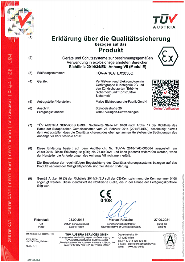 [Translate to pl:] Musterbeispiel einer ATEX Zertifizierung mit MAICO EX Ventilatoren
